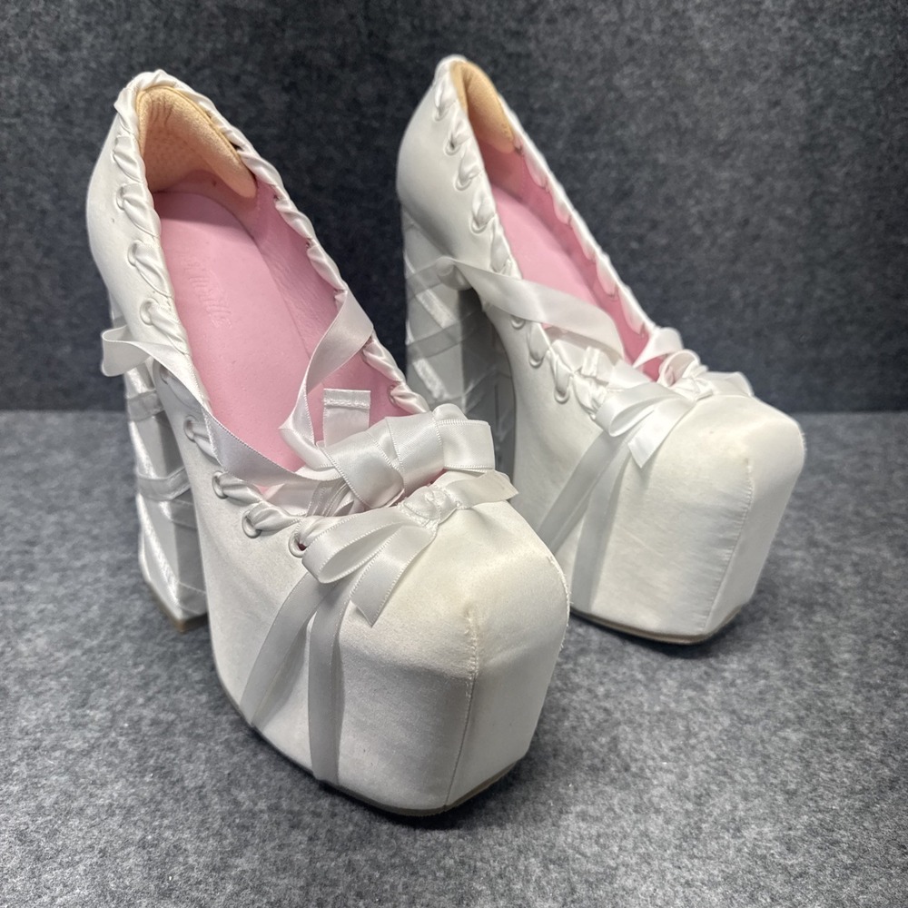 Sugar Thrillz Sweet Sonata Ballet Wrap Heels White Satin Platform Size 8